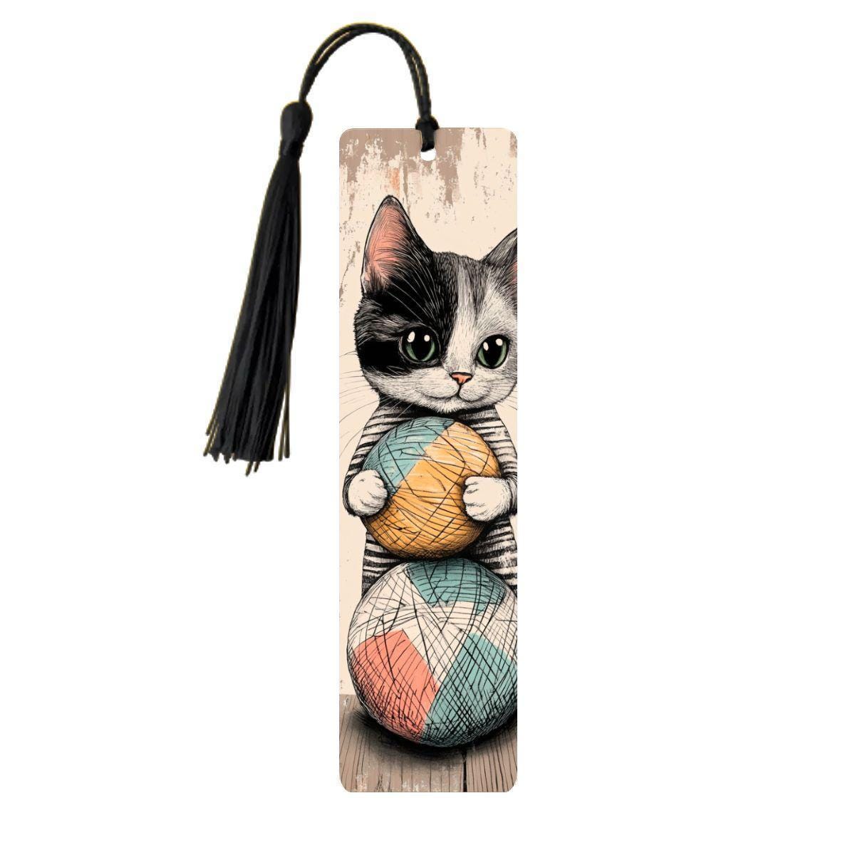 ColorFlow | Kitten Bookmark Retro Ink Style Cute Feline Illustration Soft Pastel Accents Double Sided | Optional Personalization