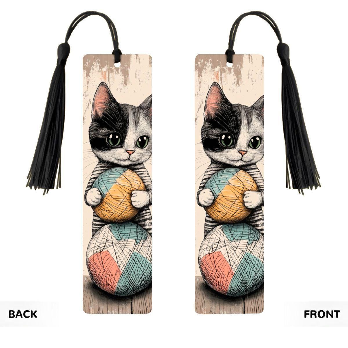 ColorFlow | Kitten Bookmark Retro Ink Style Cute Feline Illustration Soft Pastel Accents Double Sided | Optional Personalization