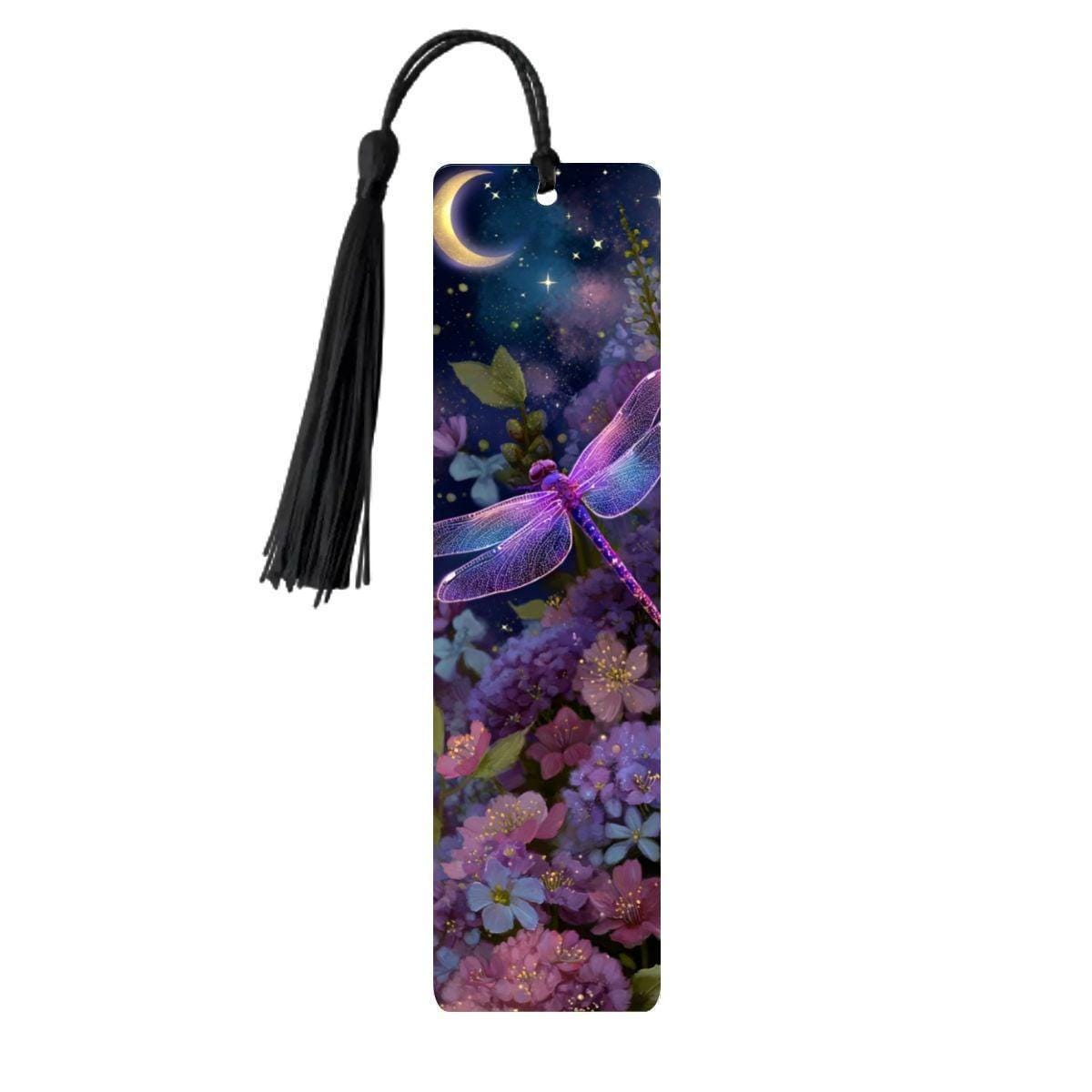 ColorFlow | Lunar Dragonfly | Double Sided Metal Bookmark | Celestial Moon and Stars Fantasy Floral Art | Optional Personalization