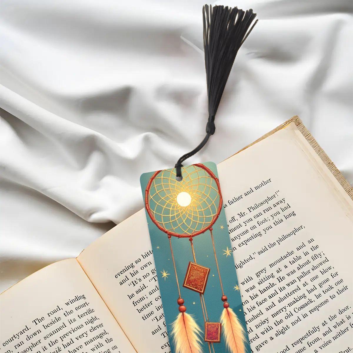 ColorFlow | Golden Dreamcatcher Moon Metal Bookmark Boho Feathers Celestial Spiritual Gift | Optional Personalization