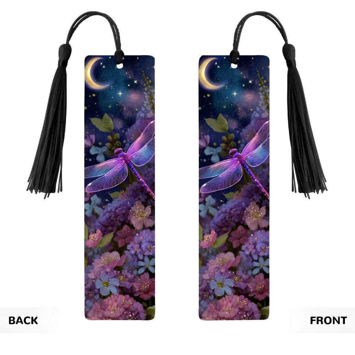 ColorFlow | Lunar Dragonfly | Double Sided Metal Bookmark | Celestial Moon and Stars Fantasy Floral Art | Optional Personalization