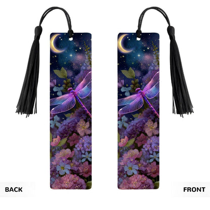 ColorFlow | Lunar Dragonfly | Double Sided Metal Bookmark | Celestial Moon and Stars Fantasy Floral Art | Optional Personalization