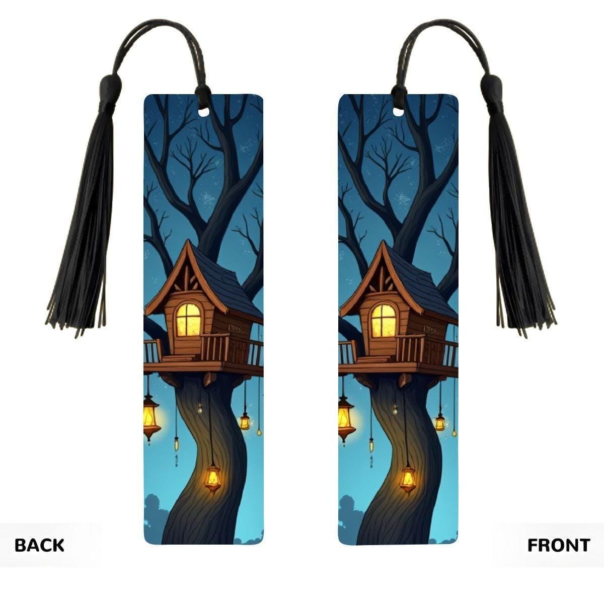 ColorFlow | Midnight Treehouse Metal Bookmark Cozy Lantern Night Fantasy Art Double Sided Aluminum Reading Gift | Optional Personalization