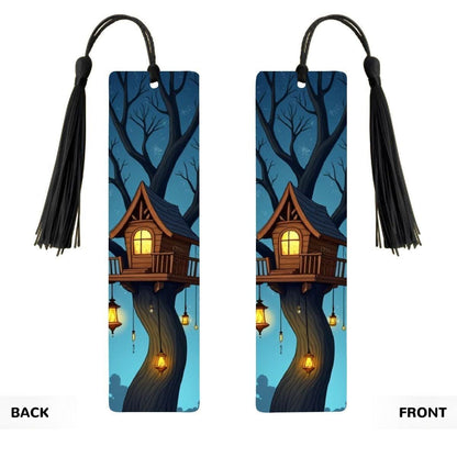 ColorFlow | Midnight Treehouse Metal Bookmark Cozy Lantern Night Fantasy Art Double Sided Aluminum Reading Gift | Optional Personalization