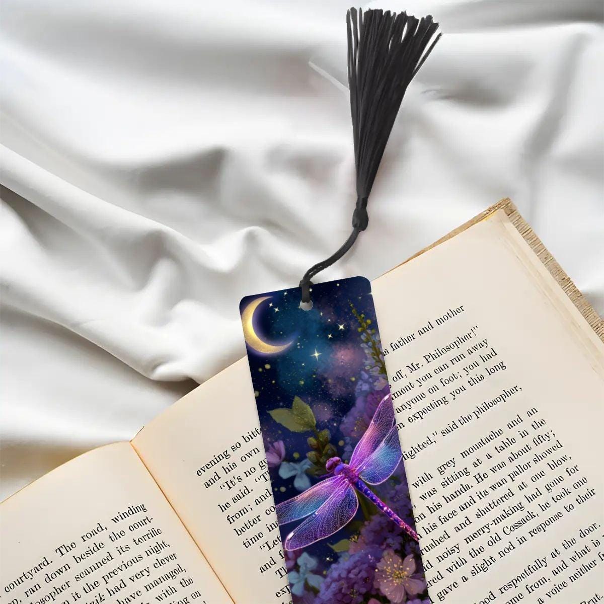 ColorFlow | Lunar Dragonfly | Double Sided Metal Bookmark | Celestial Moon and Stars Fantasy Floral Art | Optional Personalization