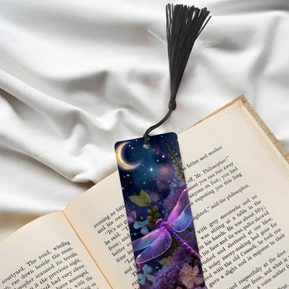 ColorFlow | Lunar Dragonfly | Double Sided Metal Bookmark | Celestial Moon and Stars Fantasy Floral Art | Optional Personalization