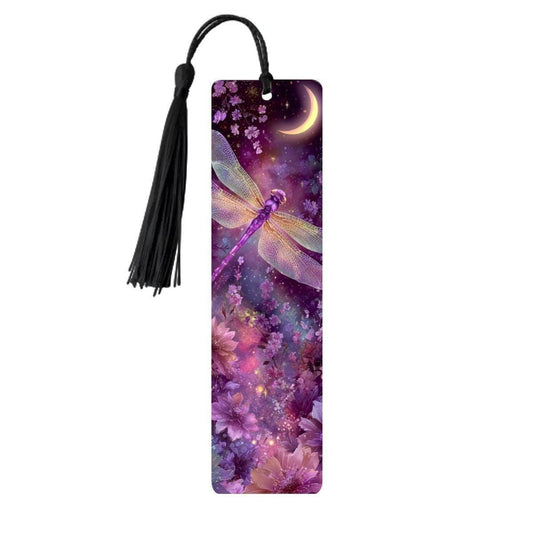 ColorFlow | Moonlit Dragonfly Metal Bookmark Pink Purple Celestial Floral Fantasy Art Double Sided | Optional Personalization