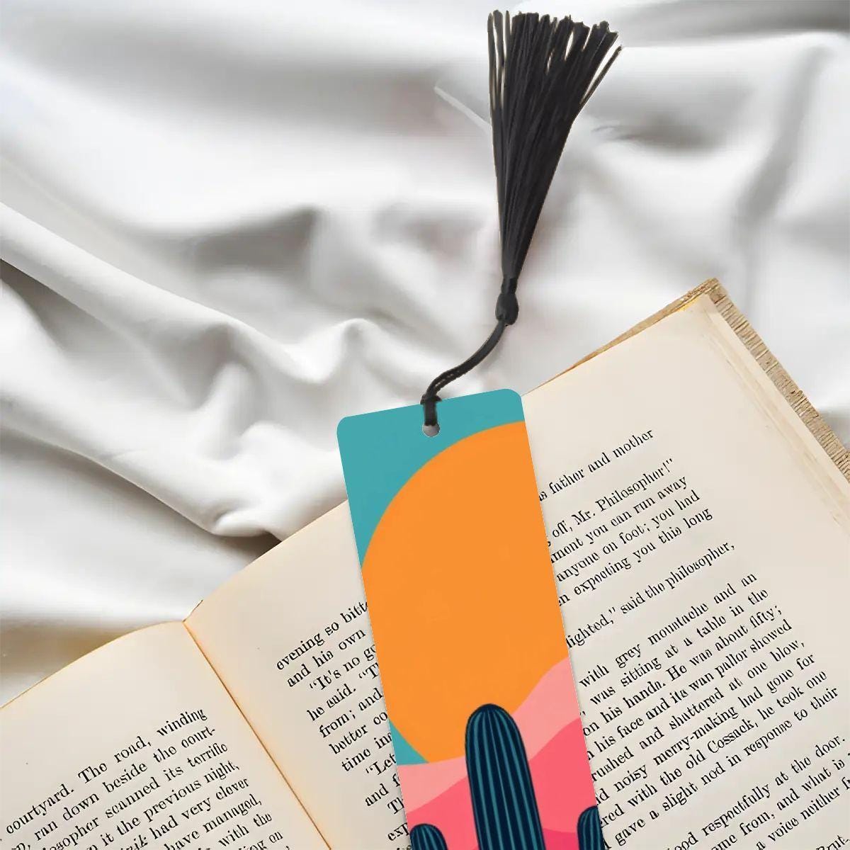 ColorFlow | Modern Minimalist Cactus Sunset Metal Bookmark Bold Desert Landscape Reading Gift | Optional Personalization