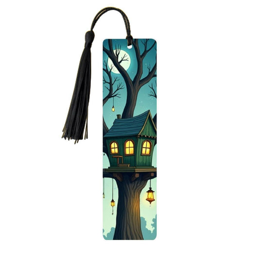 ColorFlow | Moonlit Treehouse Metal Bookmark Whimsical Lantern Art Teal Cottage Fantasy Double Sided Reading Gift | Optional Personalization