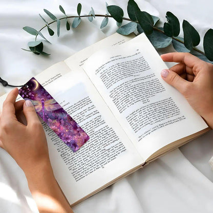 ColorFlow | Moonlit Dragonfly Metal Bookmark Pink Purple Celestial Floral Fantasy Art Double Sided | Optional Personalization