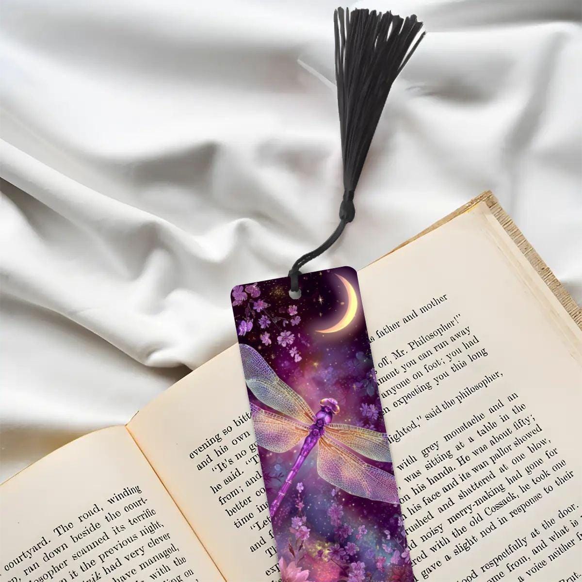 ColorFlow | Moonlit Dragonfly Metal Bookmark Pink Purple Celestial Floral Fantasy Art Double Sided | Optional Personalization