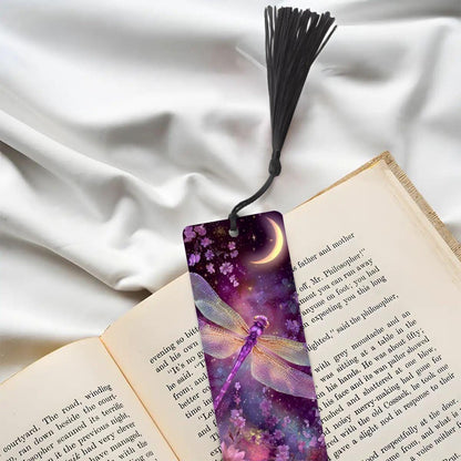 ColorFlow | Moonlit Dragonfly Metal Bookmark Pink Purple Celestial Floral Fantasy Art Double Sided | Optional Personalization