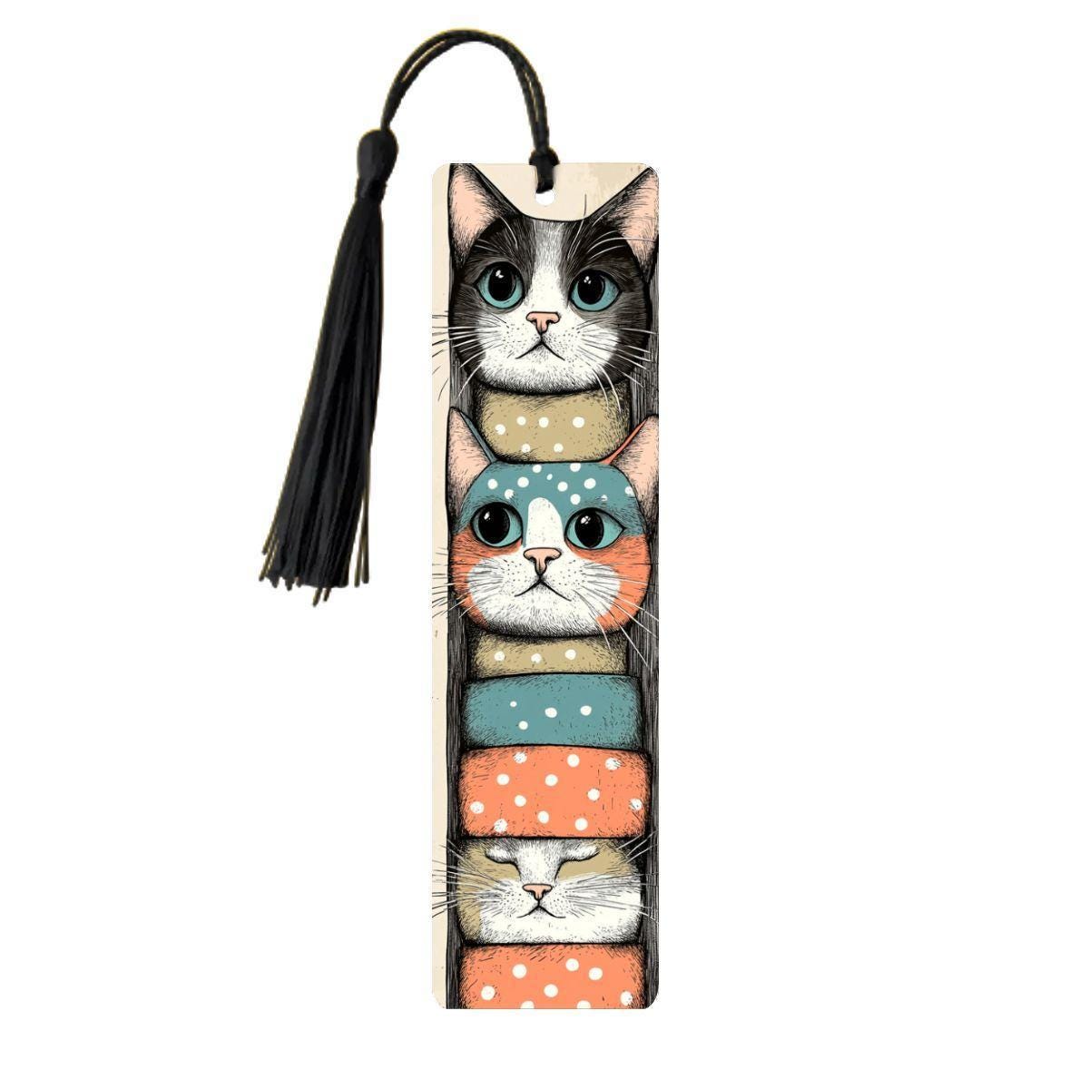 ColorFlow | Stacked Cats Metal Bookmark Quirky Retro Feline Illustration Playful Kitty Art Double Sided Design | Optional Personalization