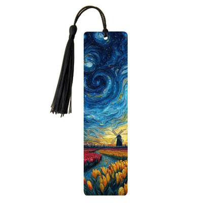 ColorFlow | Starry Night Tulip Field Metal Bookmark | Swirling Sky Windmill Art Double Sided Reading Gift | Optional Personalization