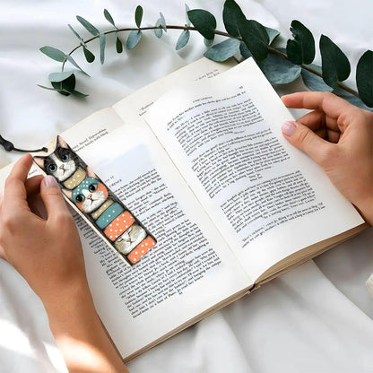 ColorFlow | Stacked Cats Metal Bookmark Quirky Retro Feline Illustration Playful Kitty Art Double Sided Design | Optional Personalization