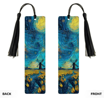 ColorFlow | Starry Night Windmill Metal Bookmark Van Gogh Inspired Tulip Field Art Double Sided Aluminum Reading Gift | Optional Personaliza