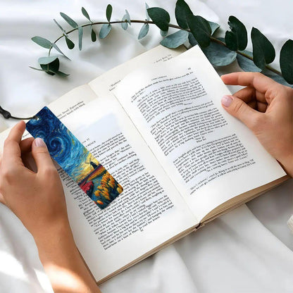 ColorFlow | Starry Night Tulip Field Metal Bookmark | Swirling Sky Windmill Art Double Sided Reading Gift | Optional Personalization