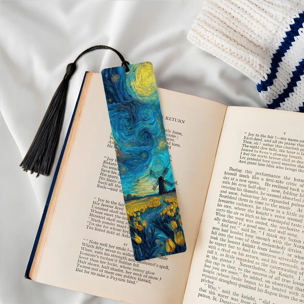 ColorFlow | Starry Night Windmill Metal Bookmark Van Gogh Inspired Tulip Field Art Double Sided Aluminum Reading Gift | Optional Personaliza