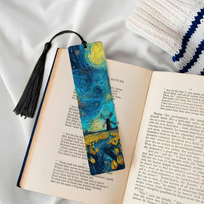 ColorFlow | Starry Night Windmill Metal Bookmark Van Gogh Inspired Tulip Field Art Double Sided Aluminum Reading Gift | Optional Personaliza