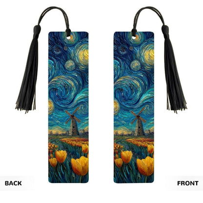 ColorFlow | Starry Sky Windmill Metal Bookmark Van Gogh Inspired Tulip Garden Art Double Sided Aluminum Reading Gift | Optional Personalizat
