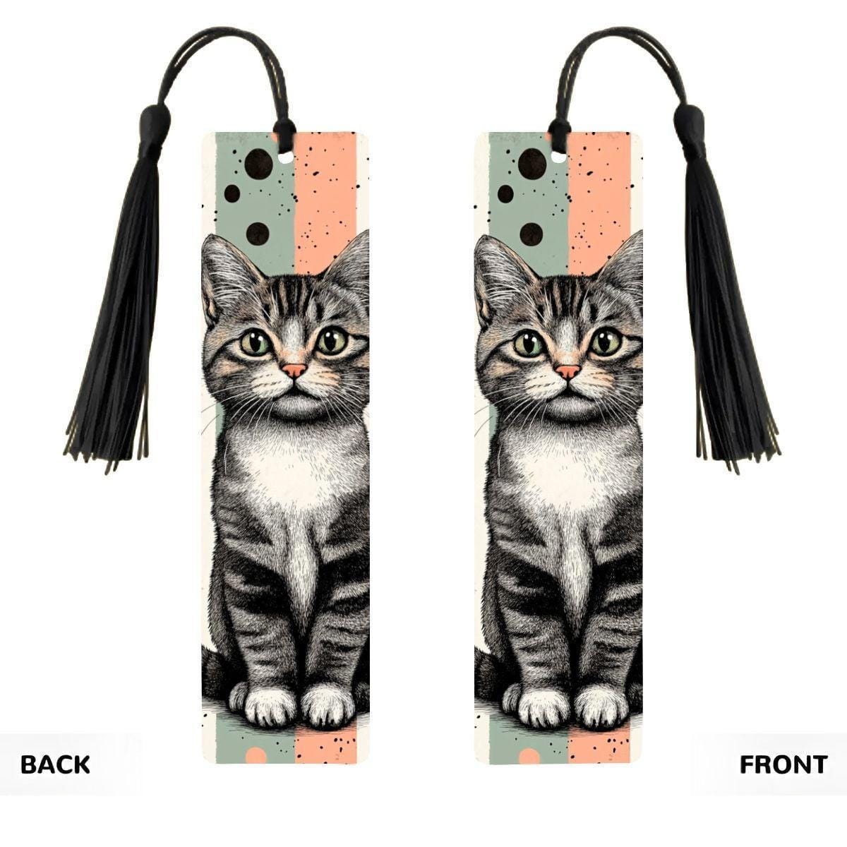 ColorFlow | Tabby Cat Bookmark Retro Ink Style Cute Feline Art Patterned Background Double Sided Design | Optional Personalization