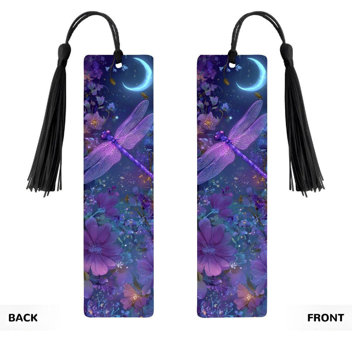 ColorFlow | Twilight Moon Dragonfly Double Sided Metal Bookmark Purple Celestial Floral Fantasy Night Garden Art  | Optional Personalization