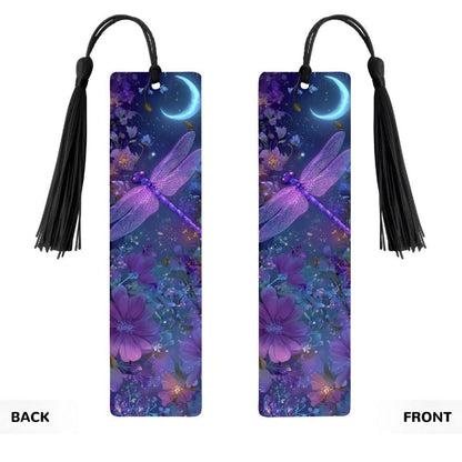 ColorFlow | Twilight Moon Dragonfly Double Sided Metal Bookmark Purple Celestial Floral Fantasy Night Garden Art  | Optional Personalization