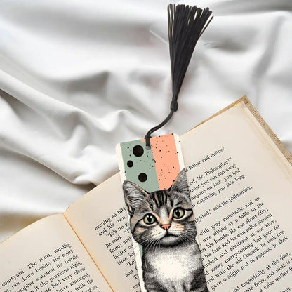 ColorFlow | Tabby Cat Bookmark Retro Ink Style Cute Feline Art Patterned Background Double Sided Design | Optional Personalization