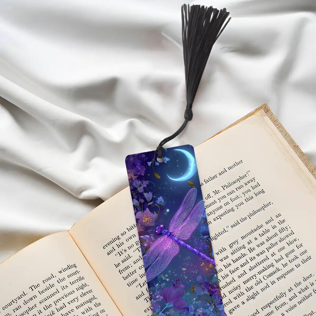 ColorFlow | Twilight Moon Dragonfly Double Sided Metal Bookmark Purple Celestial Floral Fantasy Night Garden Art  | Optional Personalization