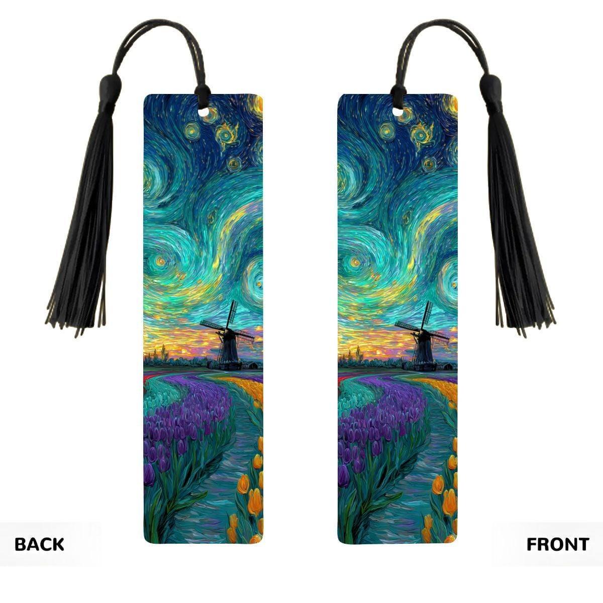 ColorFlow | Vibrant Tulip Field Windmill Metal Bookmark Van Gogh Style Sunset Swirl Art Double Sided Aluminum Reading Gift | Optional Person