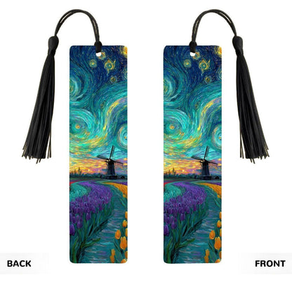 ColorFlow | Vibrant Tulip Field Windmill Metal Bookmark Van Gogh Style Sunset Swirl Art Double Sided Aluminum Reading Gift | Optional Person