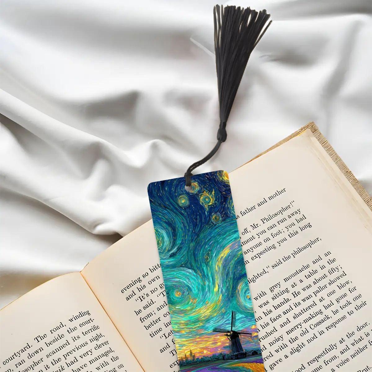 ColorFlow | Vibrant Tulip Field Windmill Metal Bookmark Van Gogh Style Sunset Swirl Art Double Sided Aluminum Reading Gift | Optional Person