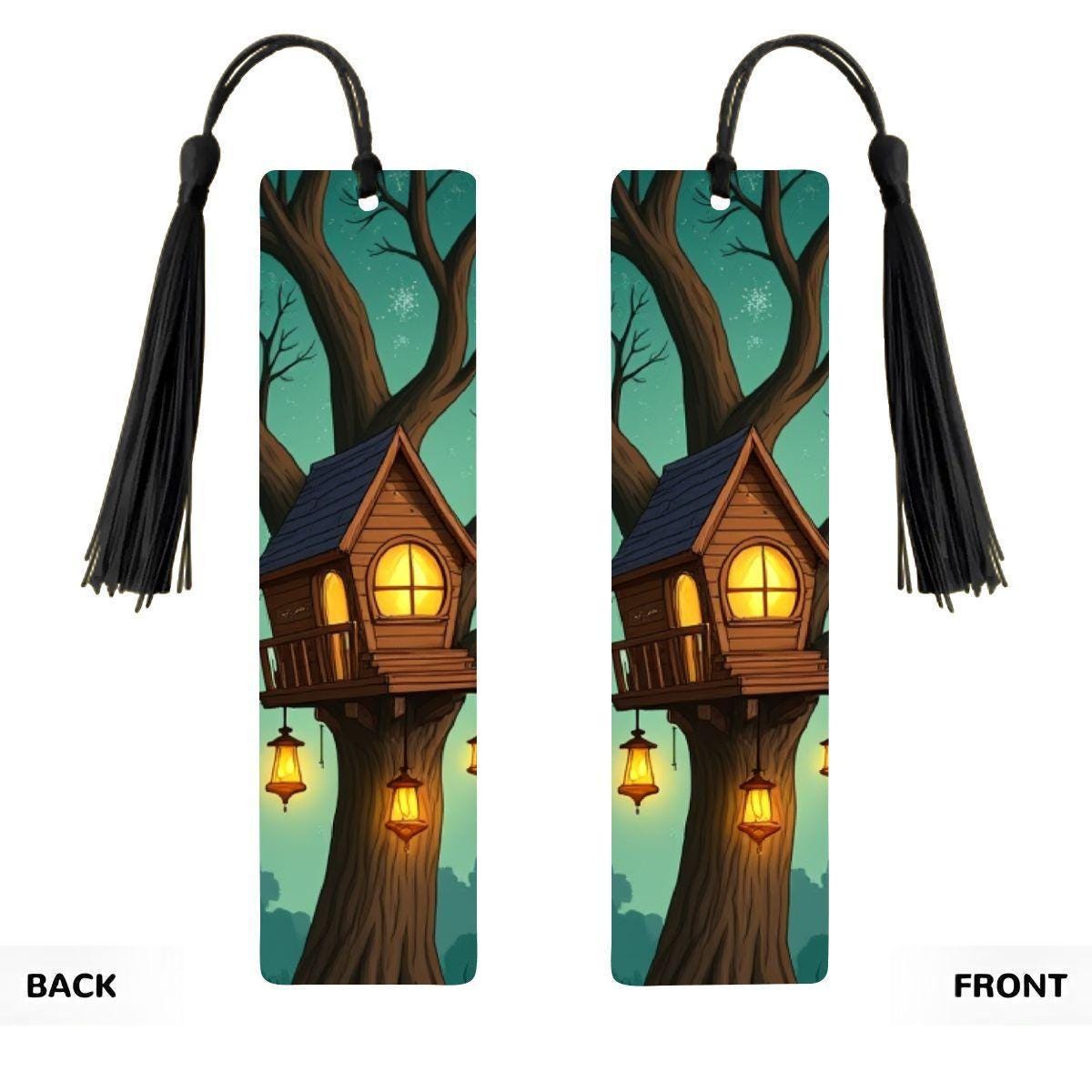 ColorFlow | Whimsical Lantern Treehouse Metal Bookmark Warm Woodland Night Fantasy Art Double Sided Reading Gift | Optional Personalization
