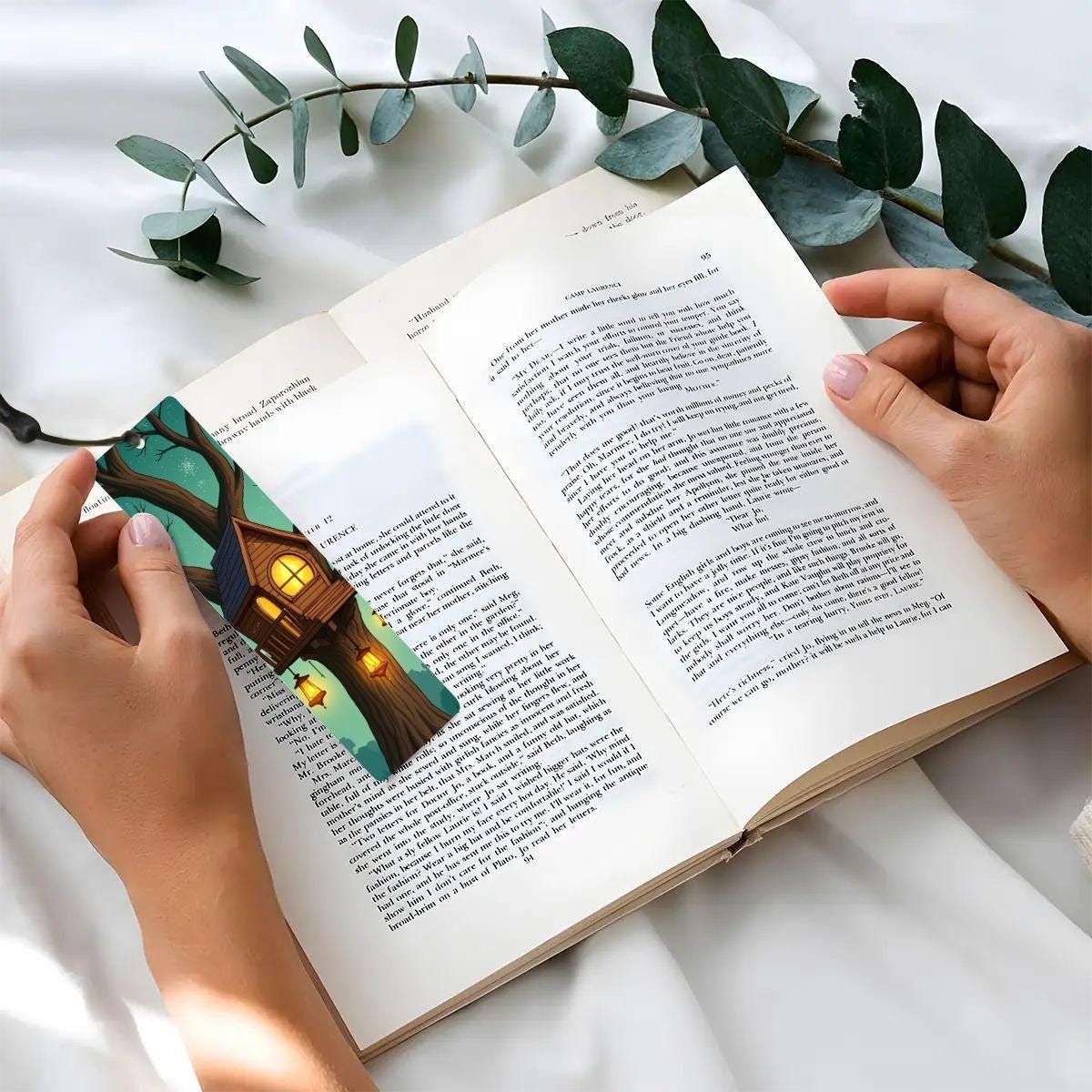 ColorFlow | Whimsical Lantern Treehouse Metal Bookmark Warm Woodland Night Fantasy Art Double Sided Reading Gift | Optional Personalization