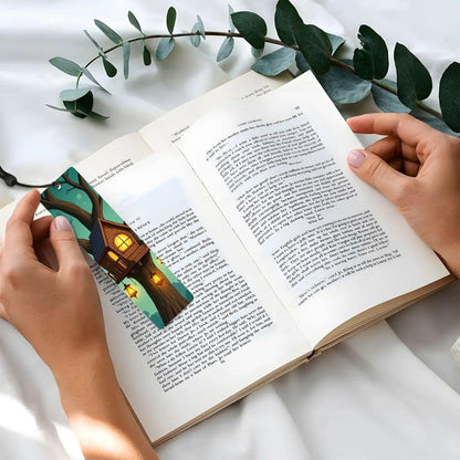 ColorFlow | Whimsical Lantern Treehouse Metal Bookmark Warm Woodland Night Fantasy Art Double Sided Reading Gift | Optional Personalization