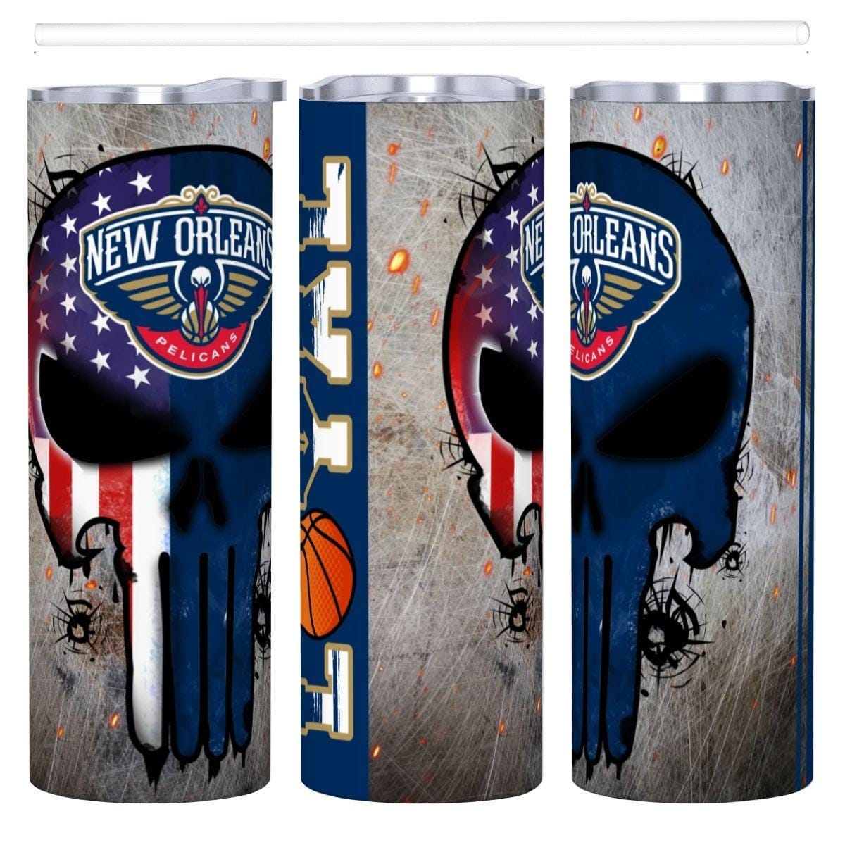 ColorFlow | New Orleans Basketball Inspired 20oz Straight Tumbler | Pelicans Skull American Flag Design | Personalization Optional