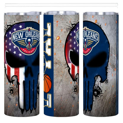 ColorFlow | New Orleans Basketball Inspired 20oz Straight Tumbler | Pelicans Skull American Flag Design | Personalization Optional