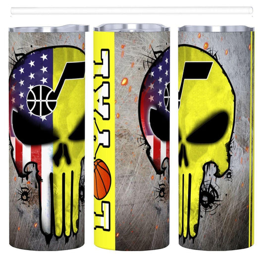 ColorFlow | Utah Basketball Inspired 20oz Straight Tumbler | Jazz Skull American Flag Design | Personalization Optional