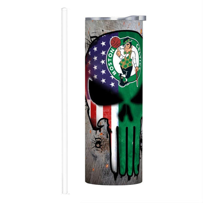 ColorFlow | Boston Basketball Inspired 20oz Straight Tumbler | Celtics Skull American Flag Design | Personalization Optional