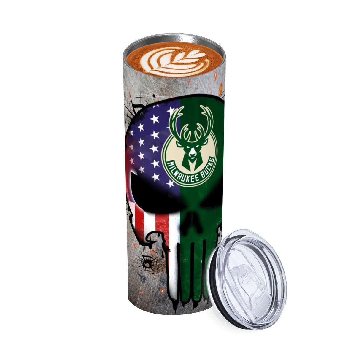 ColorFlow | Milwaukee Basketball Inspired 20oz Straight Tumbler | Bucks Skull American Flag Design | Personalization Optional
