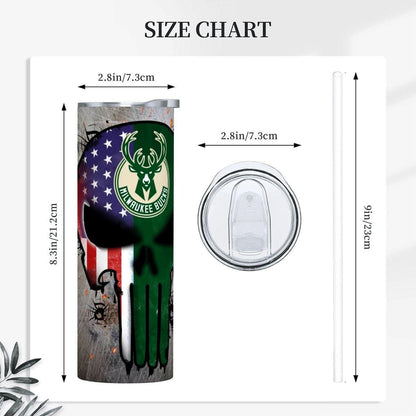 ColorFlow | Milwaukee Basketball Inspired 20oz Straight Tumbler | Bucks Skull American Flag Design | Personalization Optional