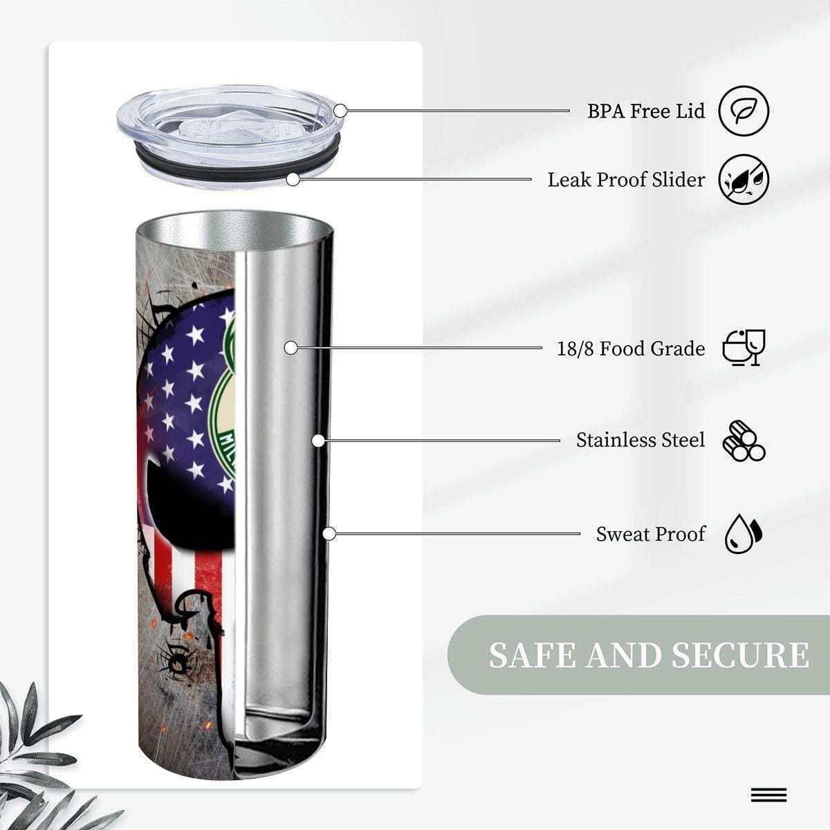 ColorFlow | Milwaukee Basketball Inspired 20oz Straight Tumbler | Bucks Skull American Flag Design | Personalization Optional