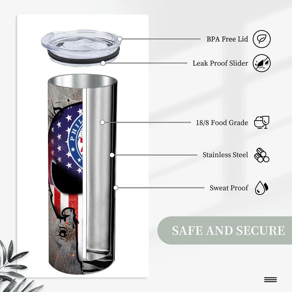 ColorFlow | Philadelphia Basketball Inspired 20oz Straight Tumbler | Sixers Skull American Flag Design | Personalization Optional