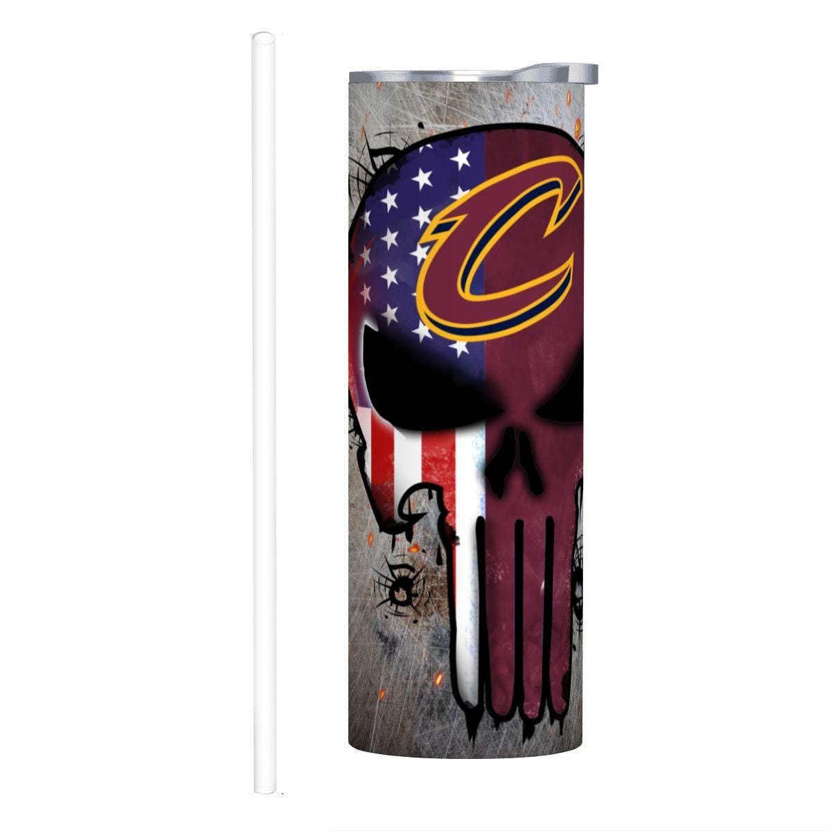ColorFlow | Cleveland Basketball Inspired 20oz Straight Tumbler | Cavaliers Skull American Flag Design | Personalization Optional