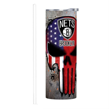 ColorFlow | Brooklyn Basketball Inspired 20oz Straight Tumbler | Nets Skull American Flag Design | Personalization Optional