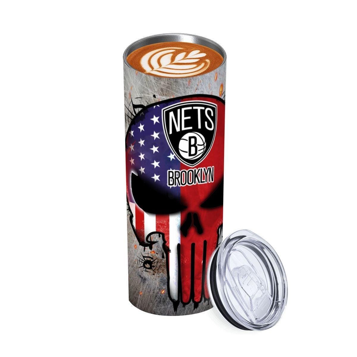 ColorFlow | Brooklyn Basketball Inspired 20oz Straight Tumbler | Nets Skull American Flag Design | Personalization Optional