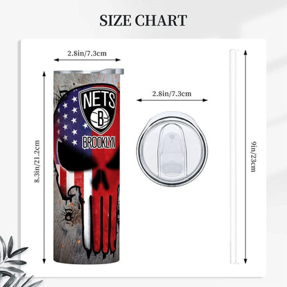 ColorFlow | Brooklyn Basketball Inspired 20oz Straight Tumbler | Nets Skull American Flag Design | Personalization Optional