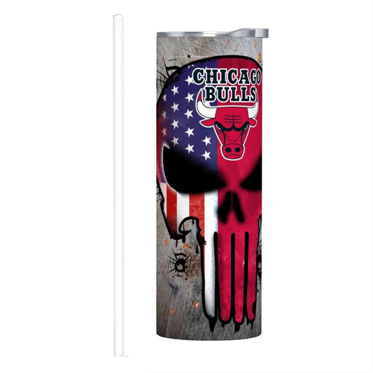 ColorFlow | Chicago Basketball Inspired 20oz Straight Tumbler | Bulls Skull American Flag Design | Personalization Optional