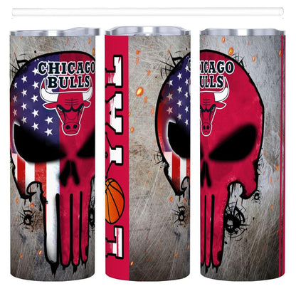 ColorFlow | Chicago Basketball Inspired 20oz Straight Tumbler | Bulls Skull American Flag Design | Personalization Optional