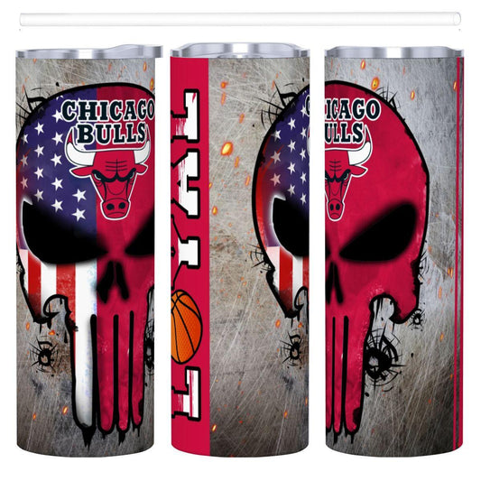 ColorFlow | Chicago Basketball Inspired 20oz Straight Tumbler | Bulls Skull American Flag Design | Personalization Optional